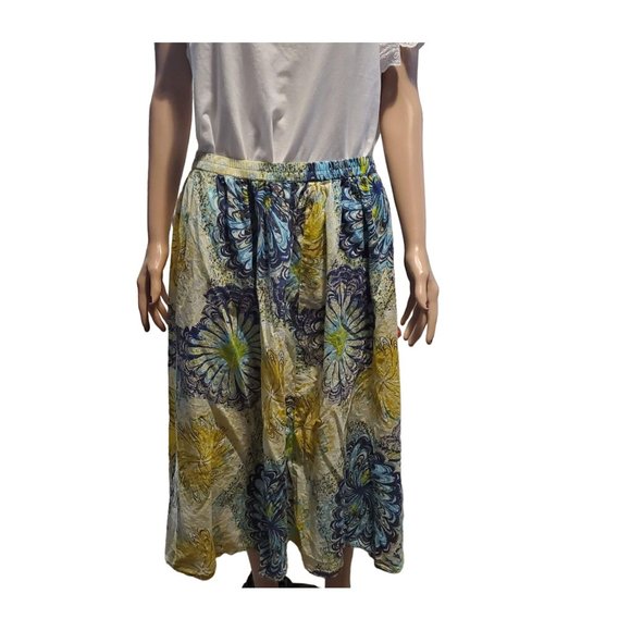 Serengeti Sz L Yellow Blues Floral Pull on Elastic Midi Skirt Cotton Unlined - Picture 1 of 7